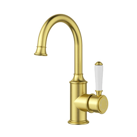 Ikon Clasico Gooseneck Basin Mixer Ceramic Handle Brushed Gold