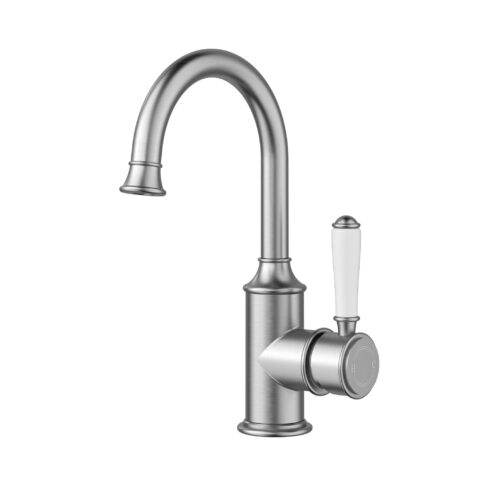 Ikon Clasico Gooseneck Basin Mixer Ceramic Handle Brushed Nickel