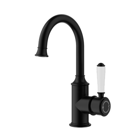 Ikon Clasico Gooseneck Basin Mixer Ceramic Handle Matte Black