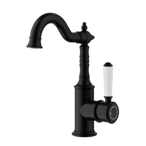 Ikon Clasico Hook Spout Basin Mixer Ceramic Handle Matte Black
